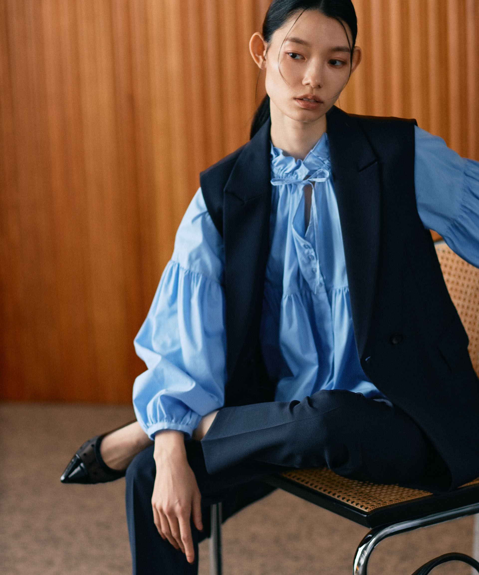 nano･universe「フリルギャザーショートシャツ」|シャツ・ブラウス|ブルー