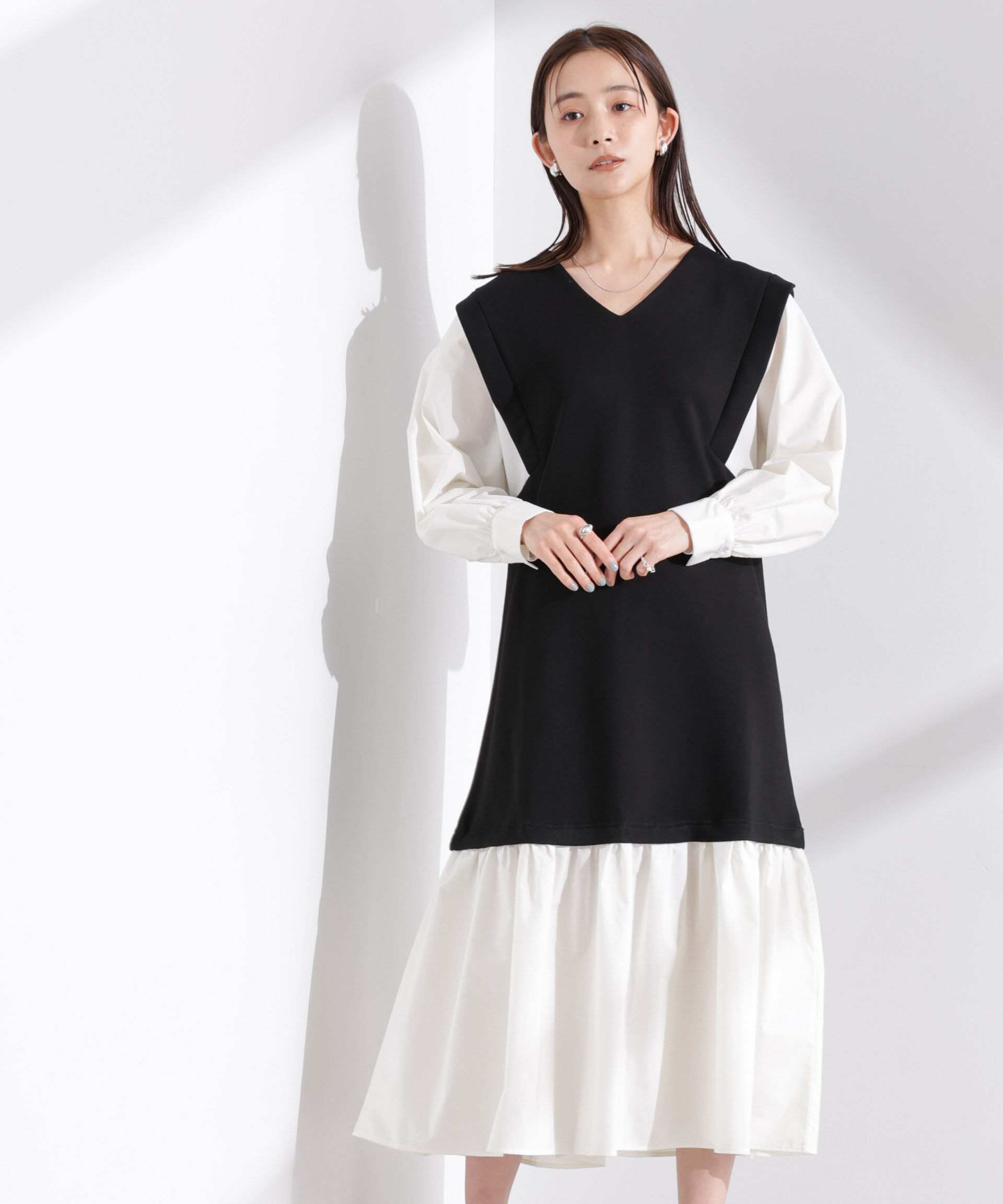 nano･universe「ダンボールベストレイヤード風コンビワンピース」|ワンピース|