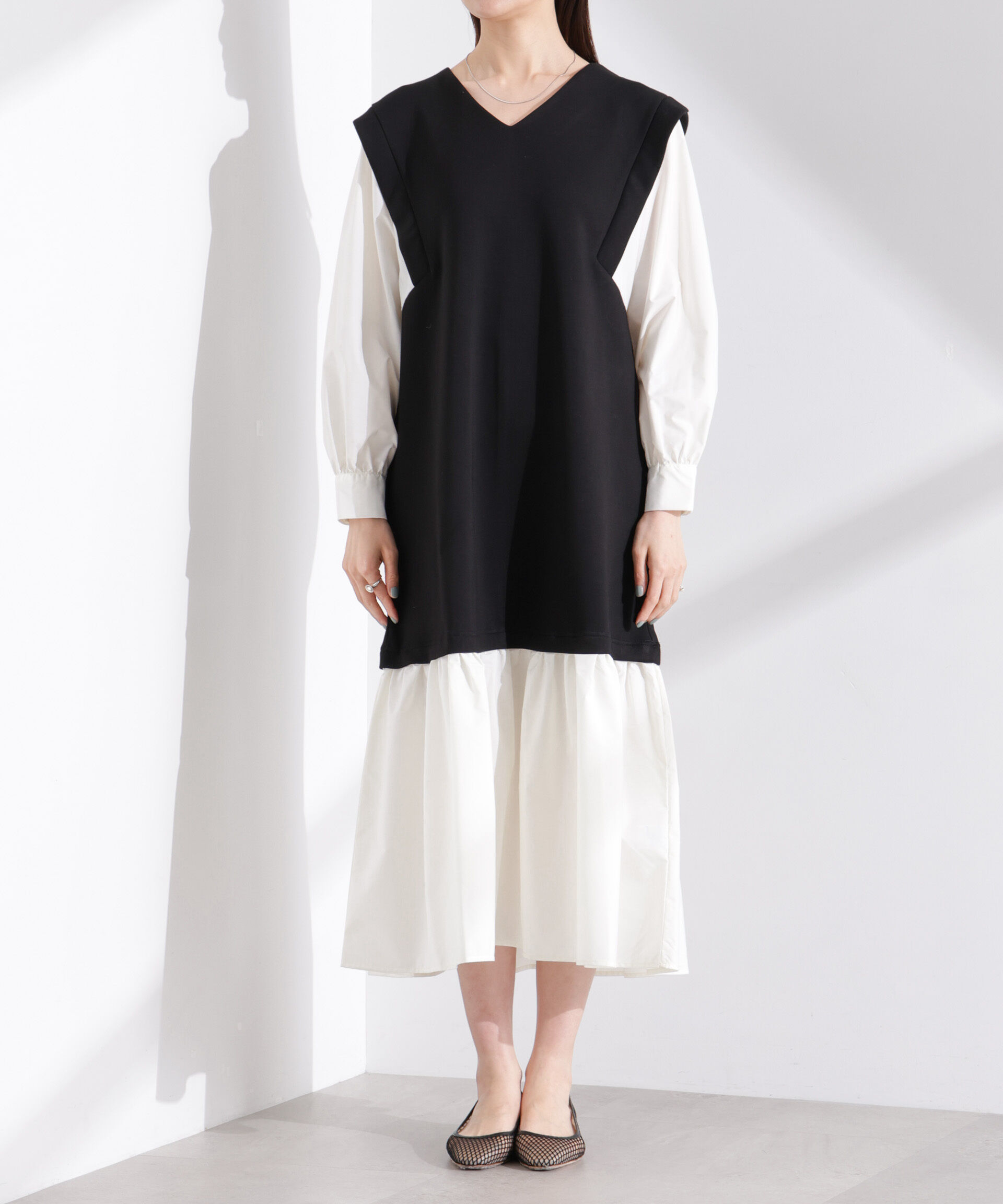 nano･universe「ダンボールベストレイヤード風コンビワンピース」|ワンピース|