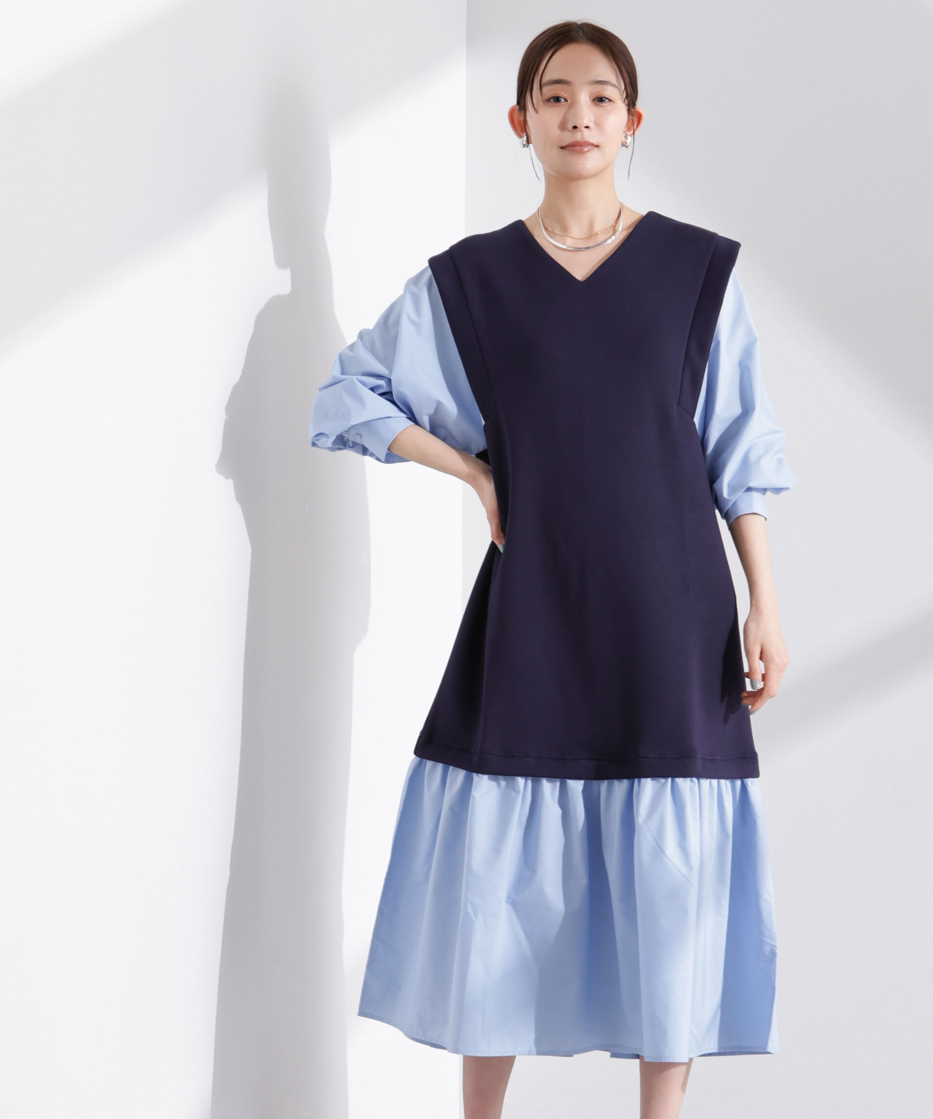 nano･universe「ダンボールベストレイヤード風コンビワンピース」|ワンピース|