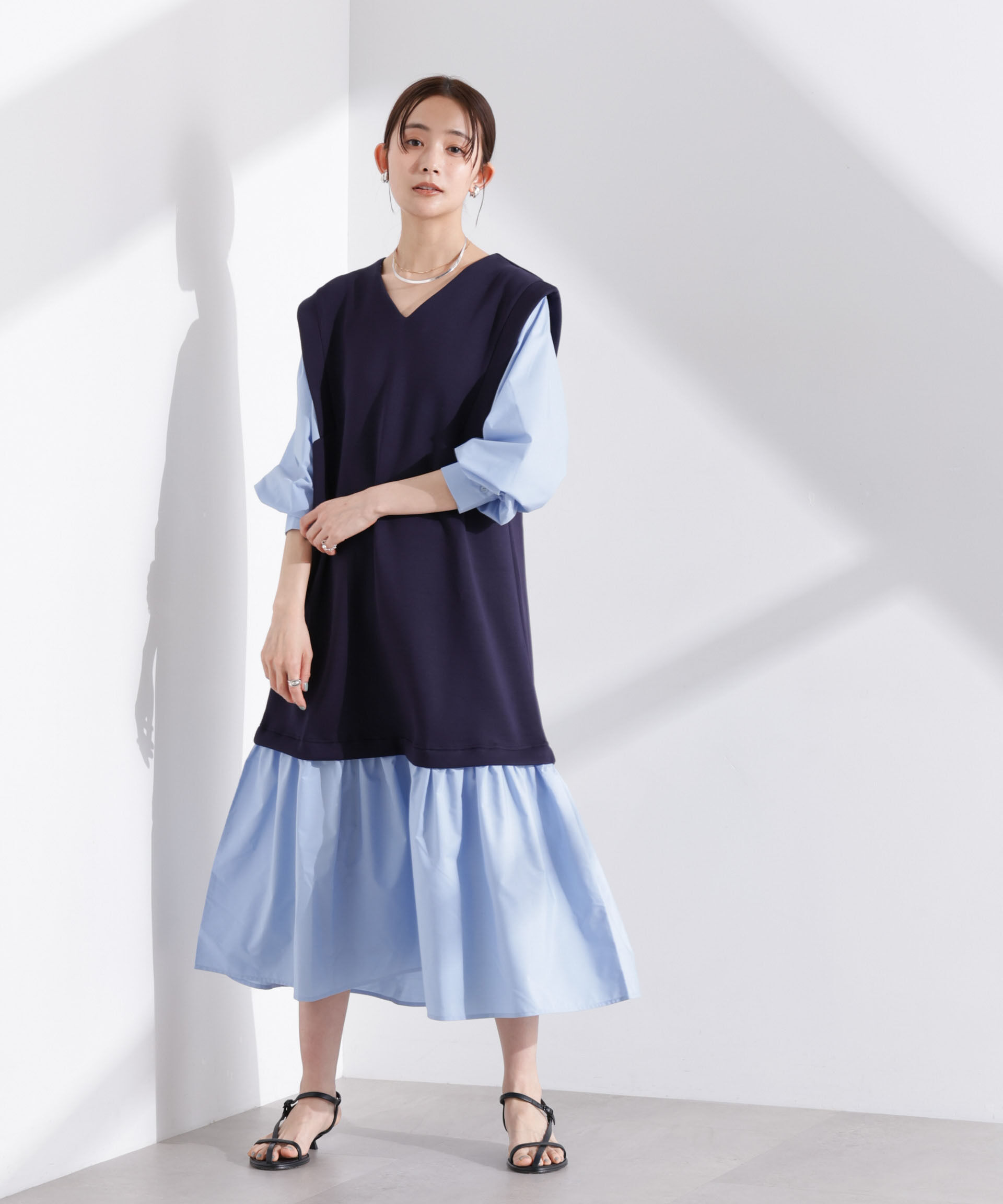 nano･universe「ダンボールベストレイヤード風コンビワンピース」|ワンピース|