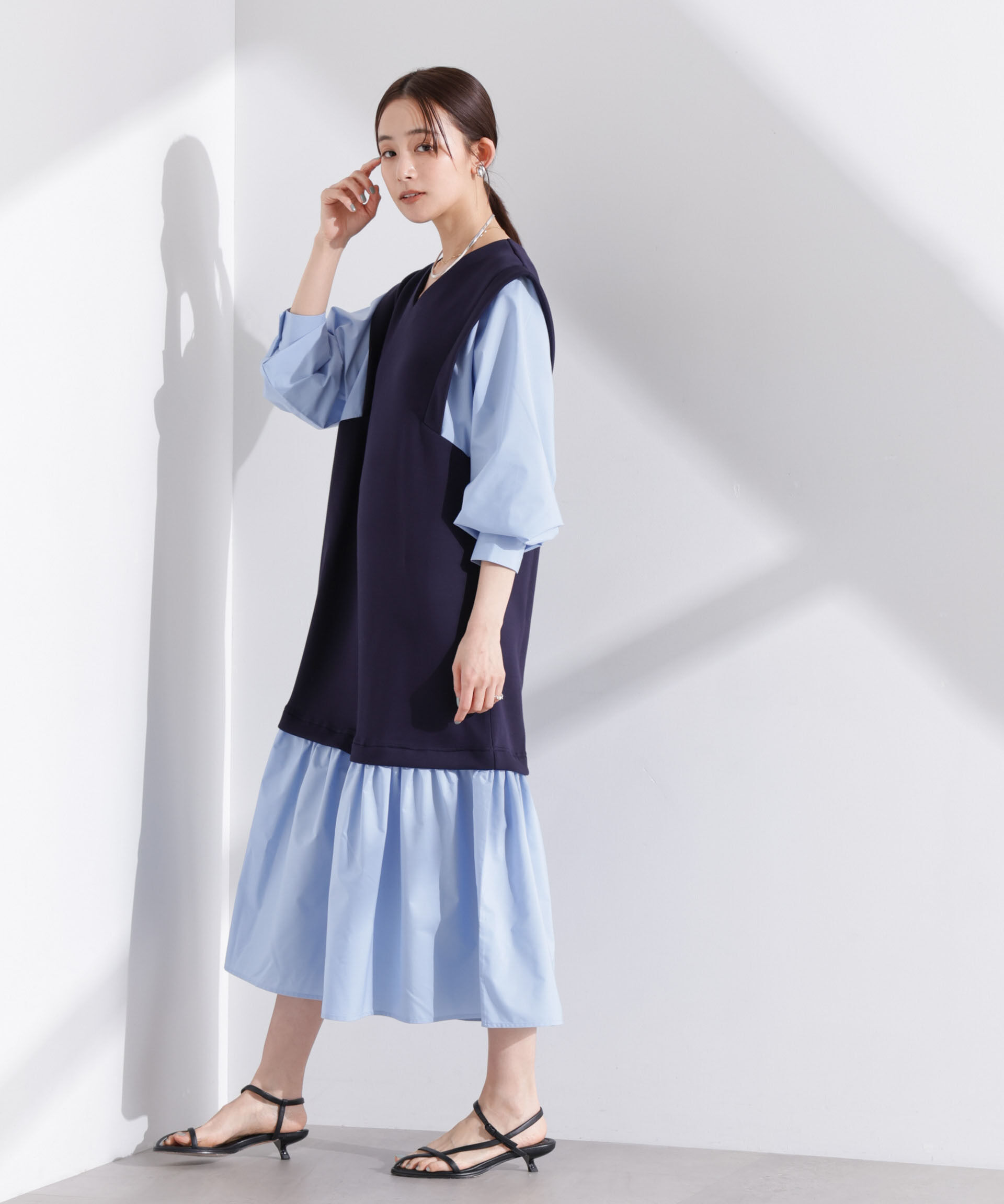 nano･universe「ダンボールベストレイヤード風コンビワンピース」|ワンピース|