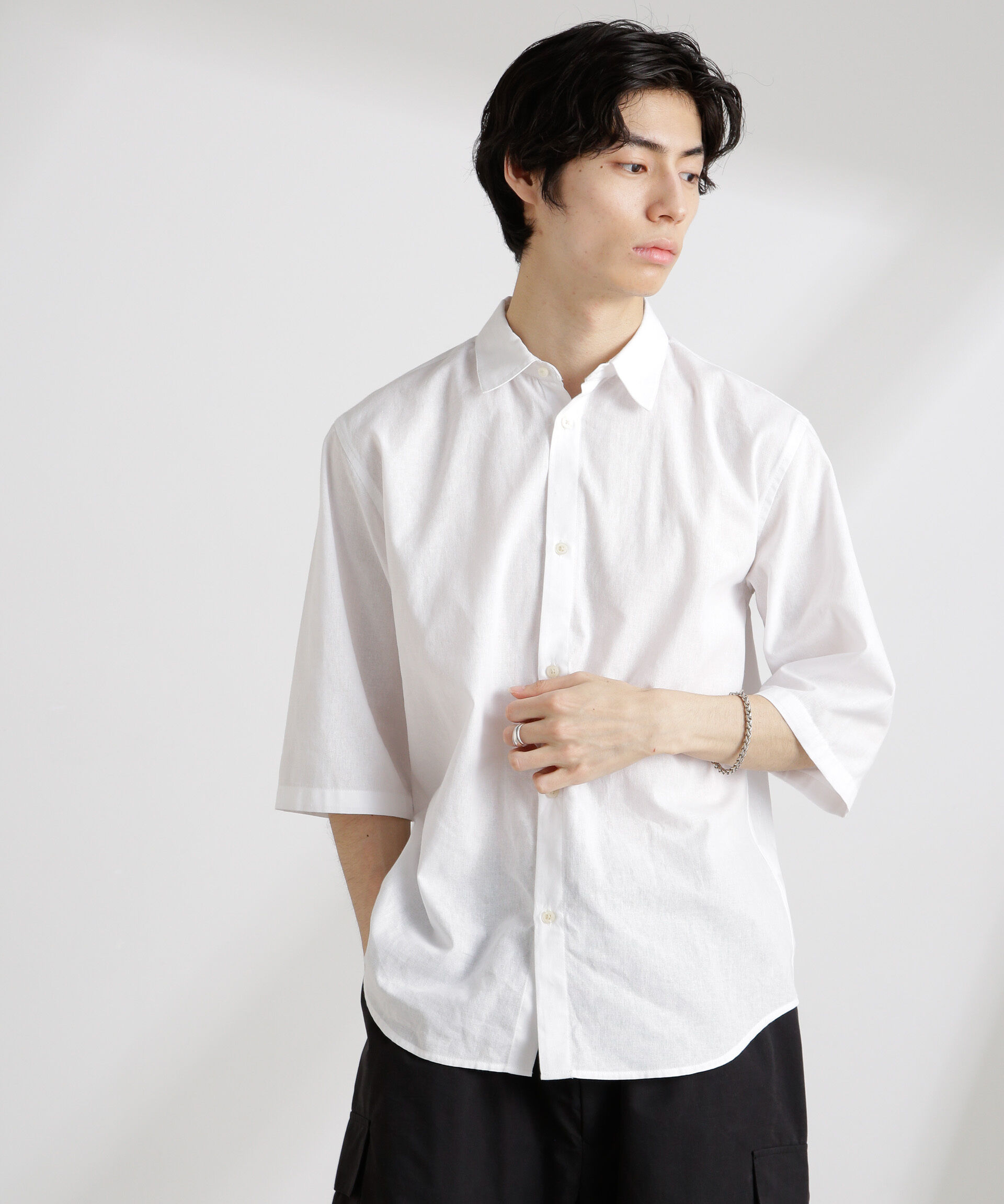 nano･universe「クールマックスリネンレギュラーカラー7分袖」|シャツ・ブラウス|ホワイト