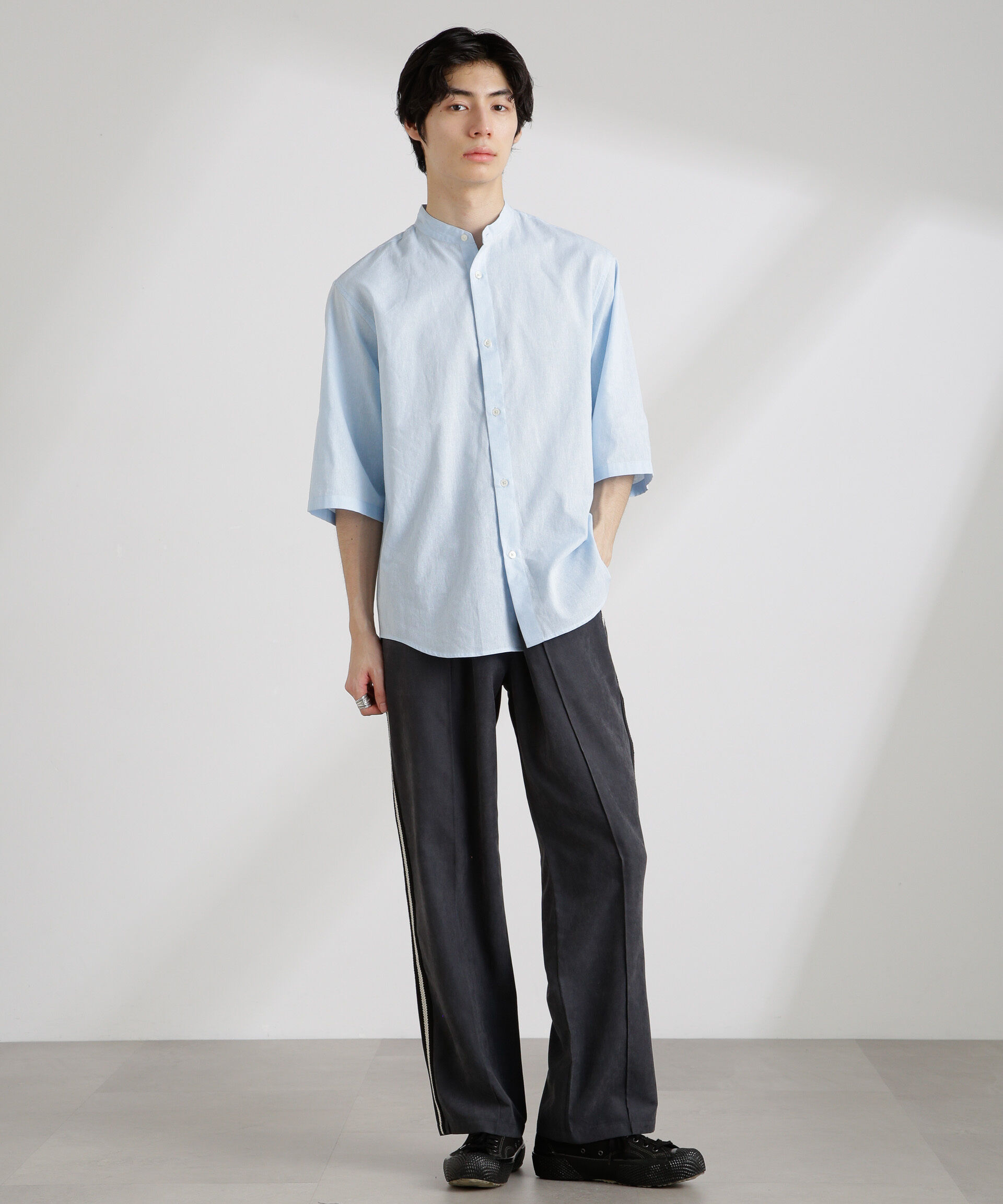 nano･universe「クールマックスリネンバンドカラー7分袖」|シャツ・ブラウス|