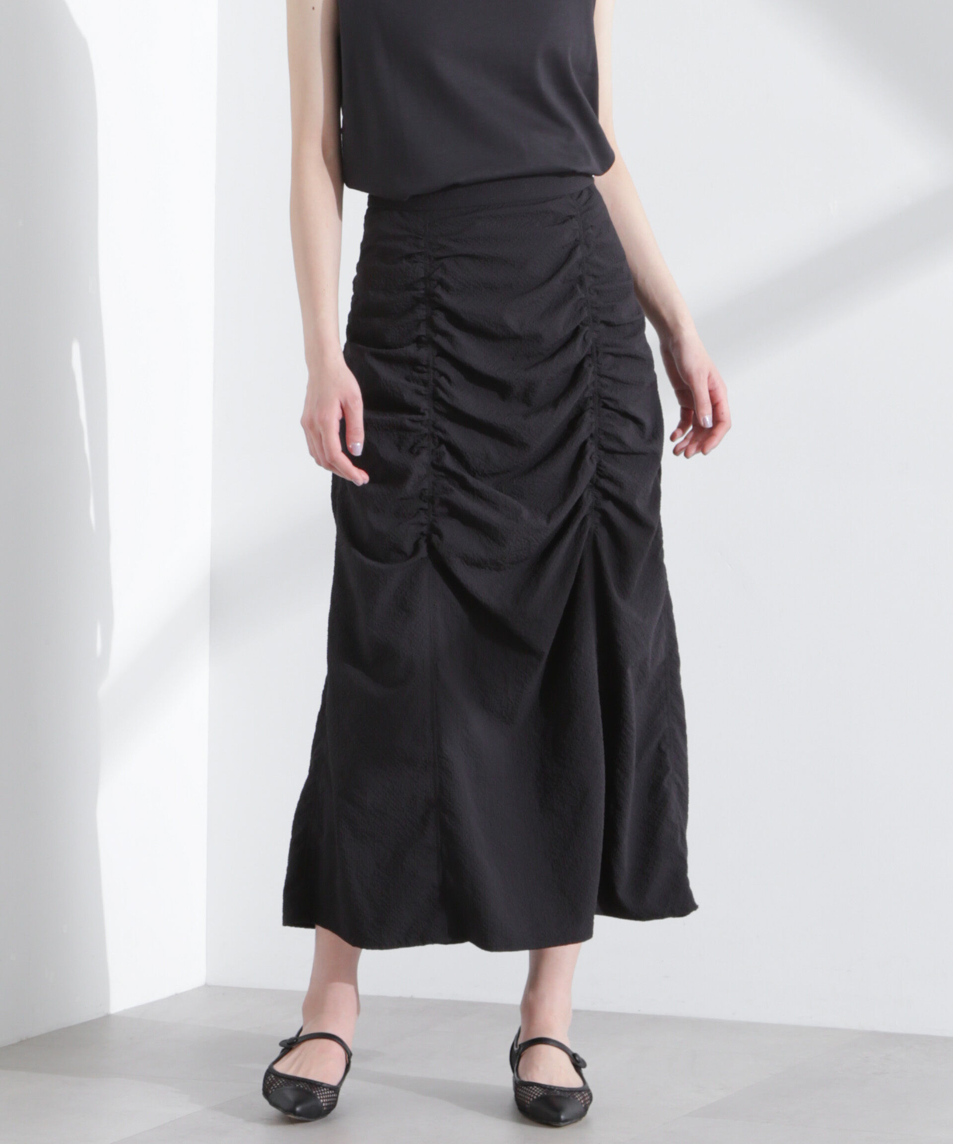 nano･universe「ギャザー切り替えサッカースカート」|スカート|ブラック