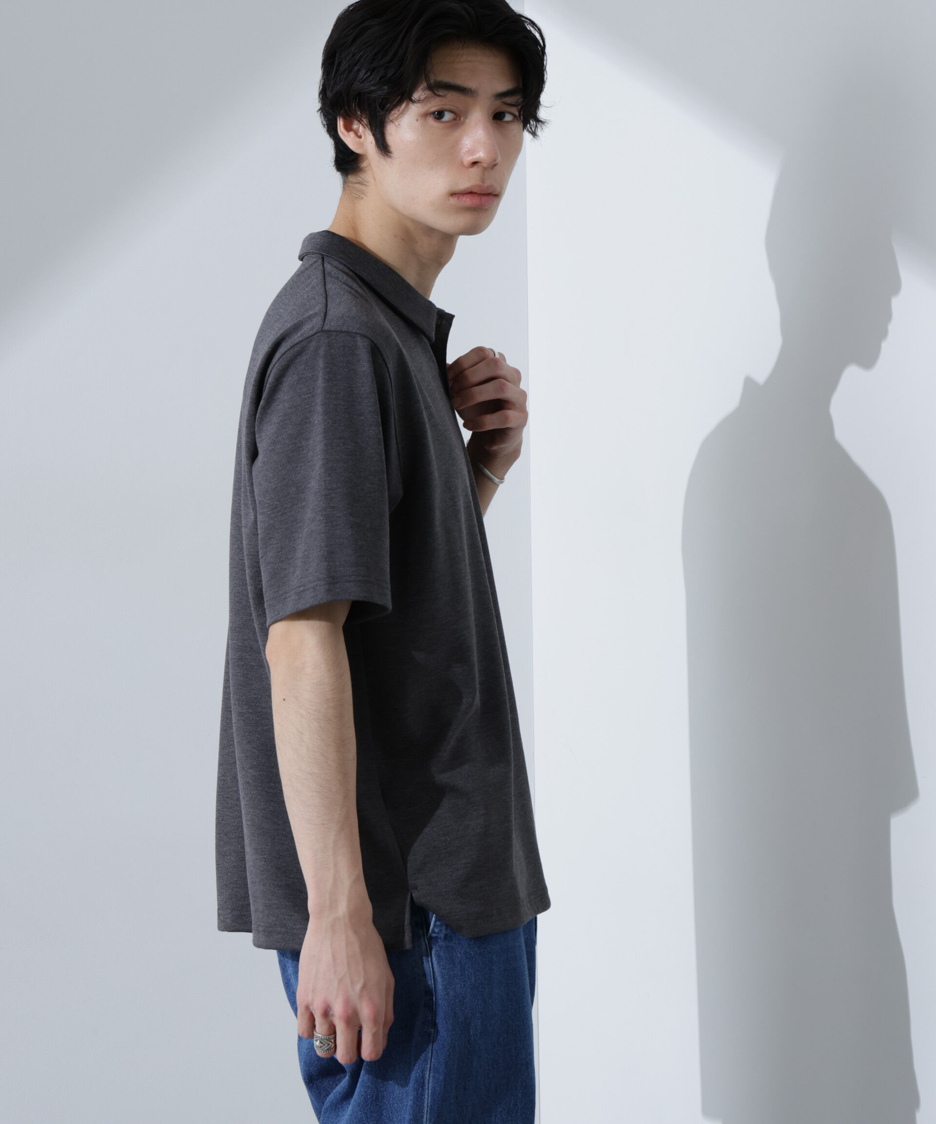 nano･universe「Pe/Ry鹿の子ポロシャツ 半袖」|Tシャツ・カットソー|チャコール3