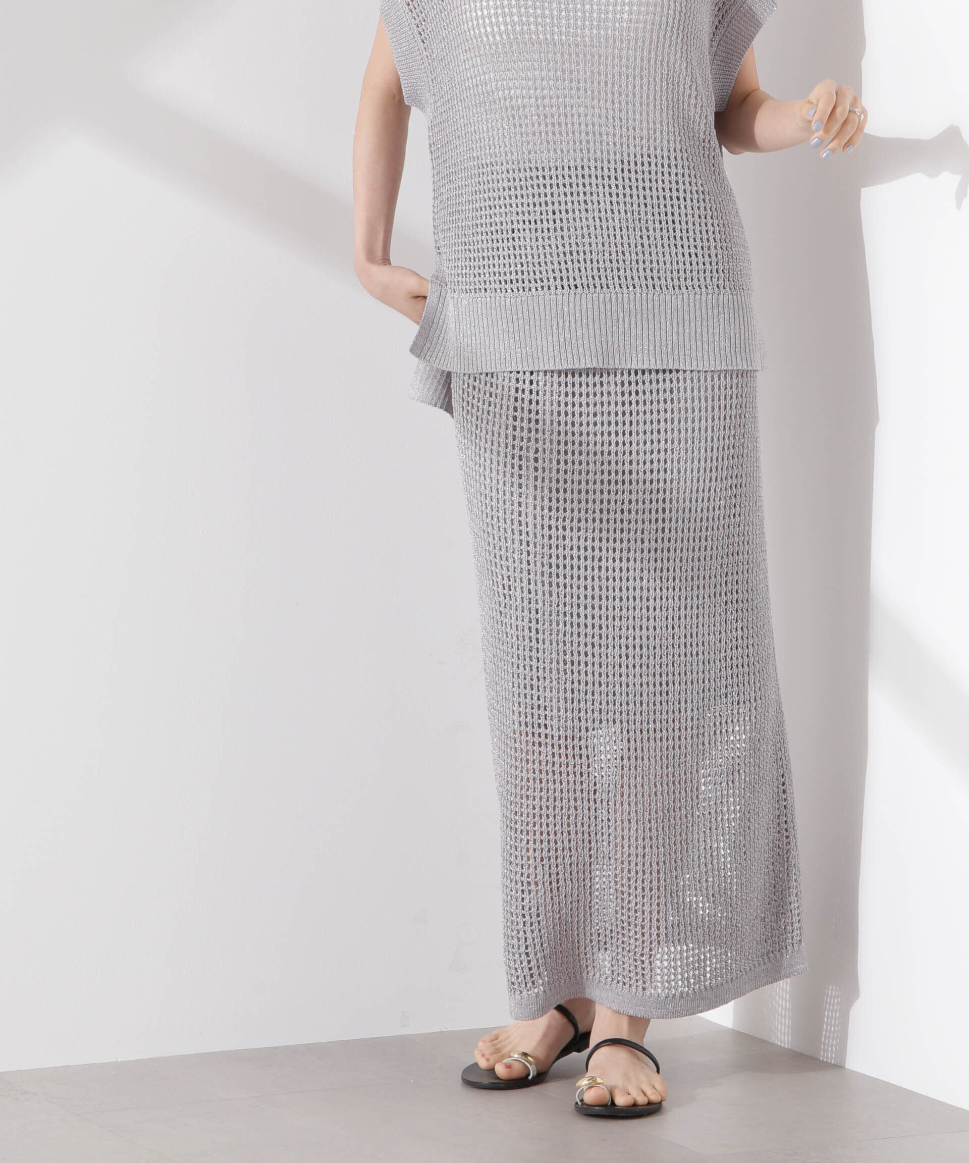 nano･universe「ラメメッシュニットタイトスカート (セットアップ可)」|スカート|グレー