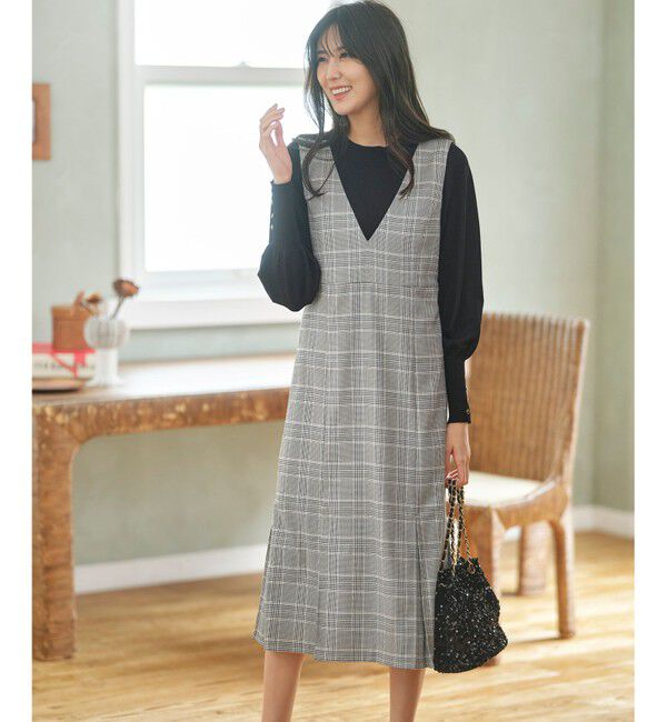 any SiS「【2SET】チェック ジャンパースカート&times; ニット」|ジャンパースカート|ブラック系3