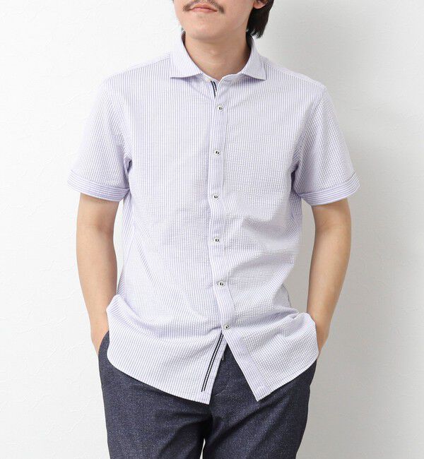 NOLLEY'S goodman「《ビジカジ対応》ハイゲージ サッカーストライプパラシュート半袖シャツ 25SS」|シャツ・ブラウス|パープル