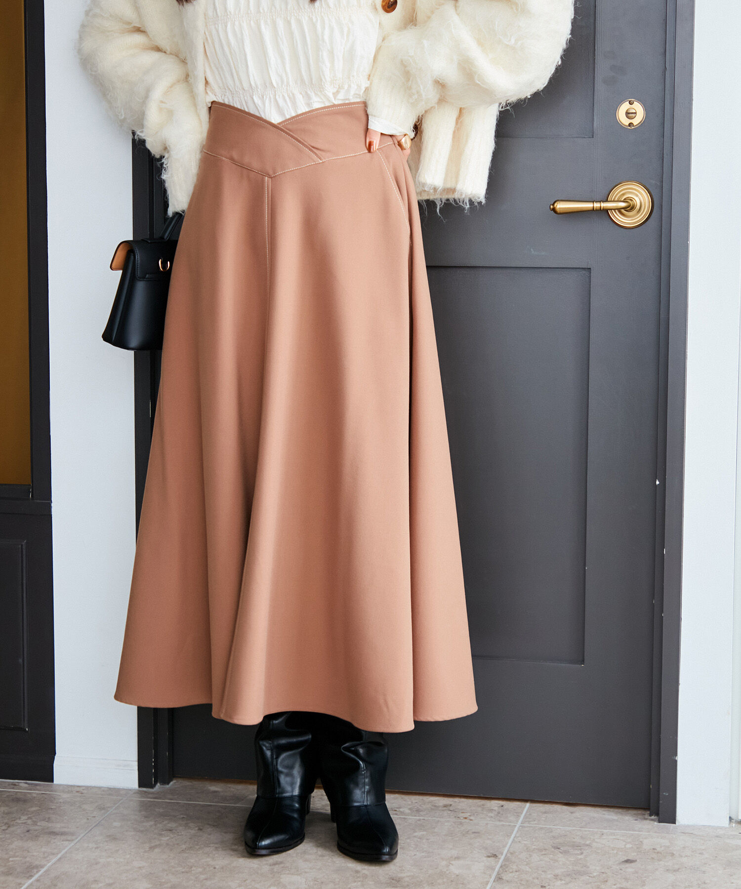 VIS「【洗える】無地＆チェック配色ステッチフレアロングスカート」|スカート|キャメル(25)