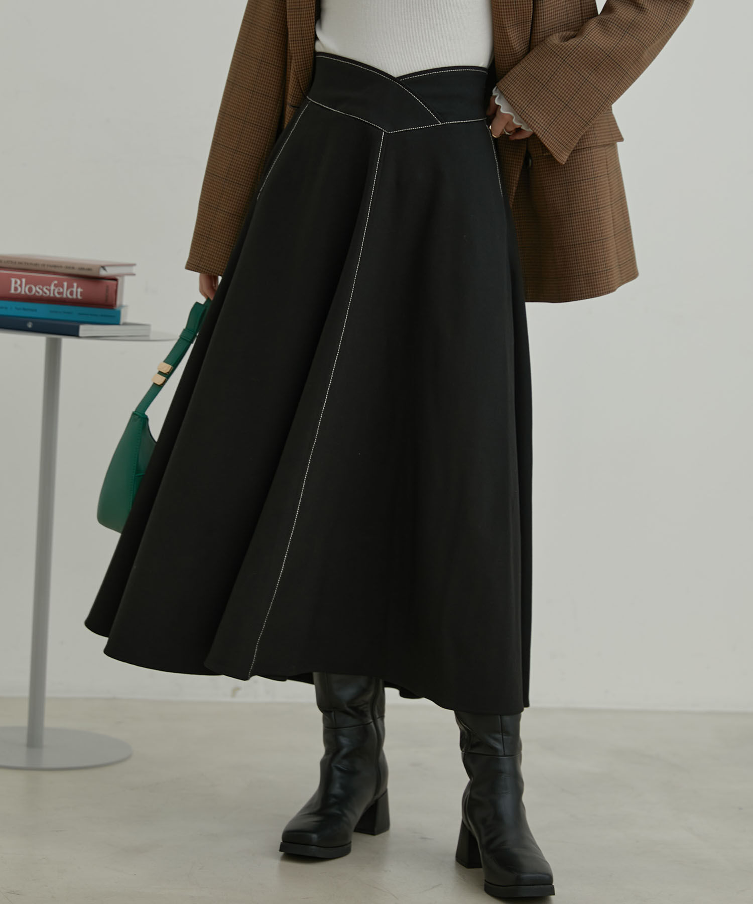 VIS「【洗える】無地＆チェック配色ステッチフレアロングスカート」|スカート|