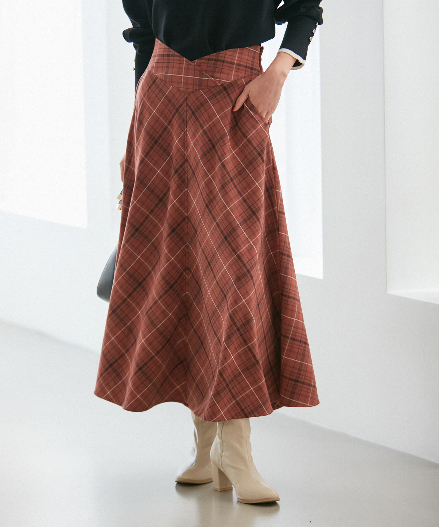 VIS「【洗える】無地＆チェック配色ステッチフレアロングスカート」|スカート|キャメル系(26)