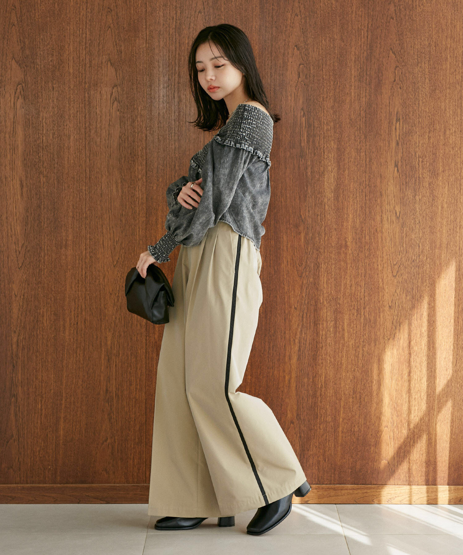 VIS「【洗える】サイドラインワイドパンツ」|スラックス|