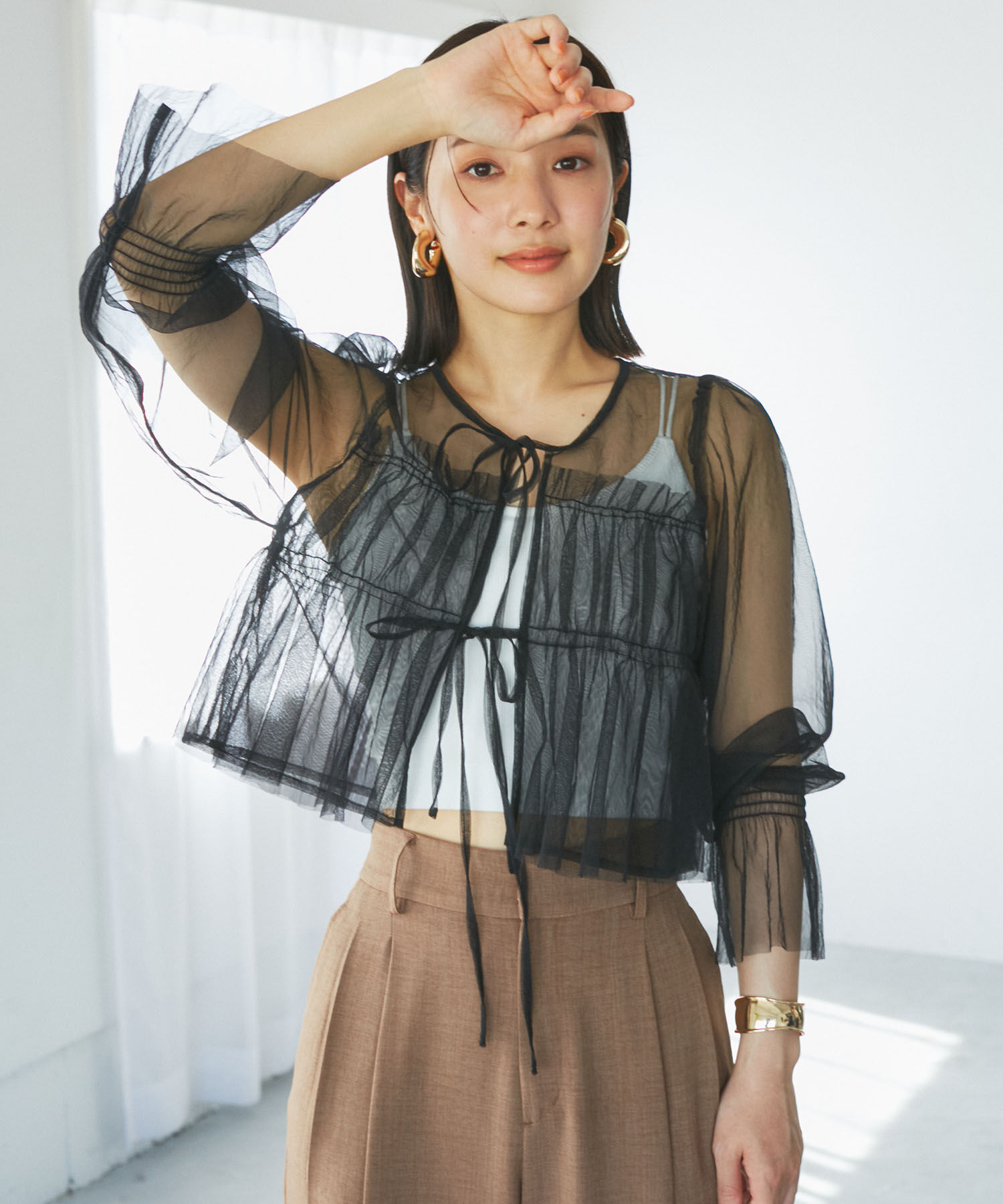 VIS「【前後2WAY】袖シャーリングチュールリボンブラウス」|シャツ・ブラウス|