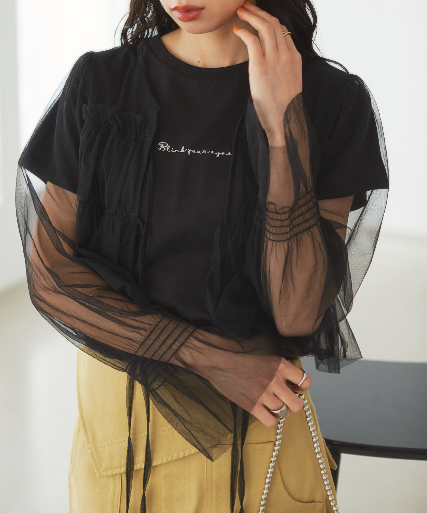 VIS「【前後2WAY】袖シャーリングチュールリボンブラウス」|シャツ・ブラウス|