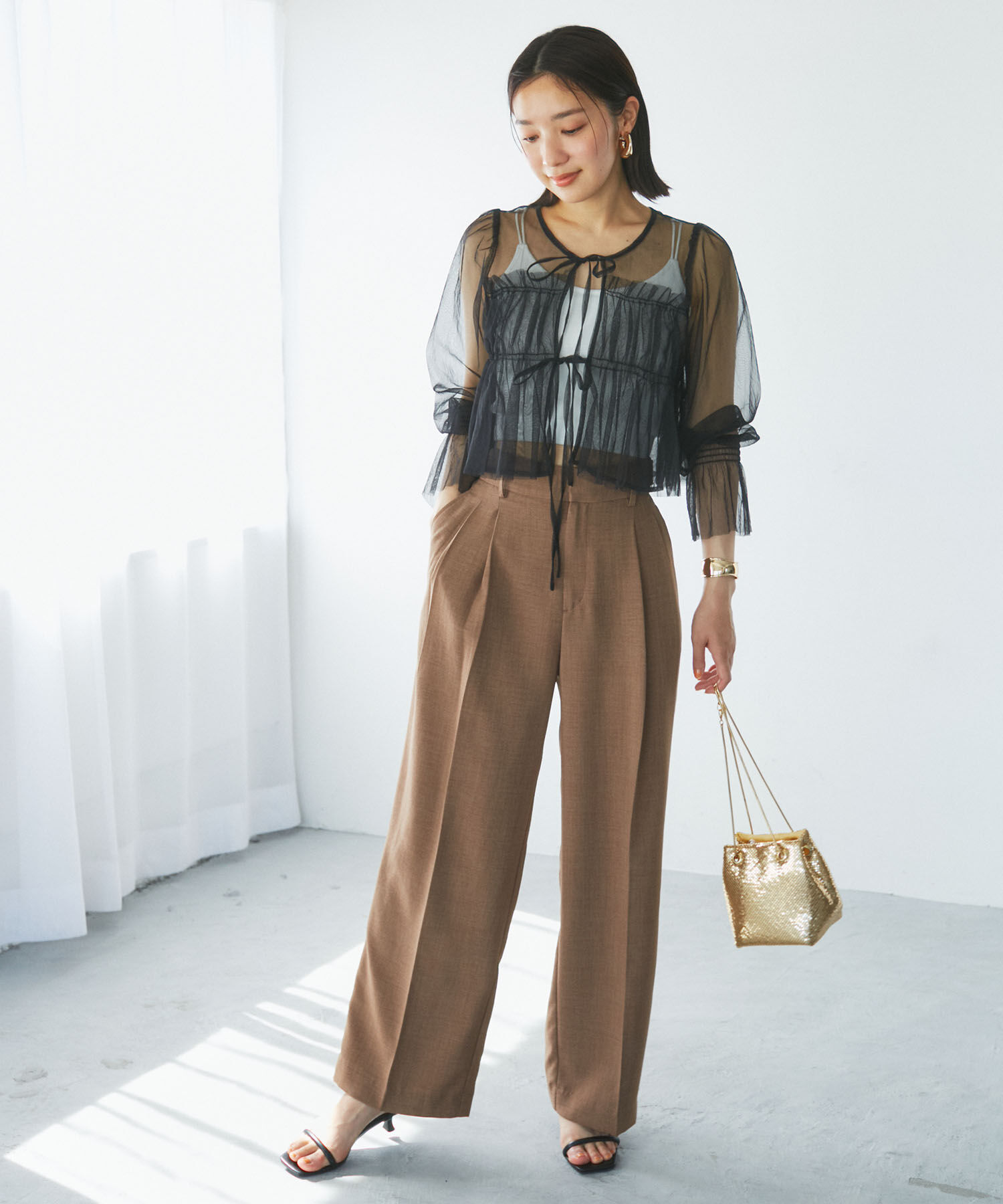 VIS「【前後2WAY】袖シャーリングチュールリボンブラウス」|シャツ・ブラウス|