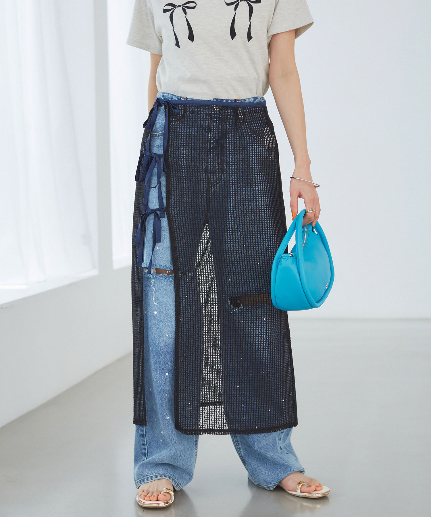 VIS「レイヤードラメメッシュIラインスカート」|スカート|ブラック系(02)