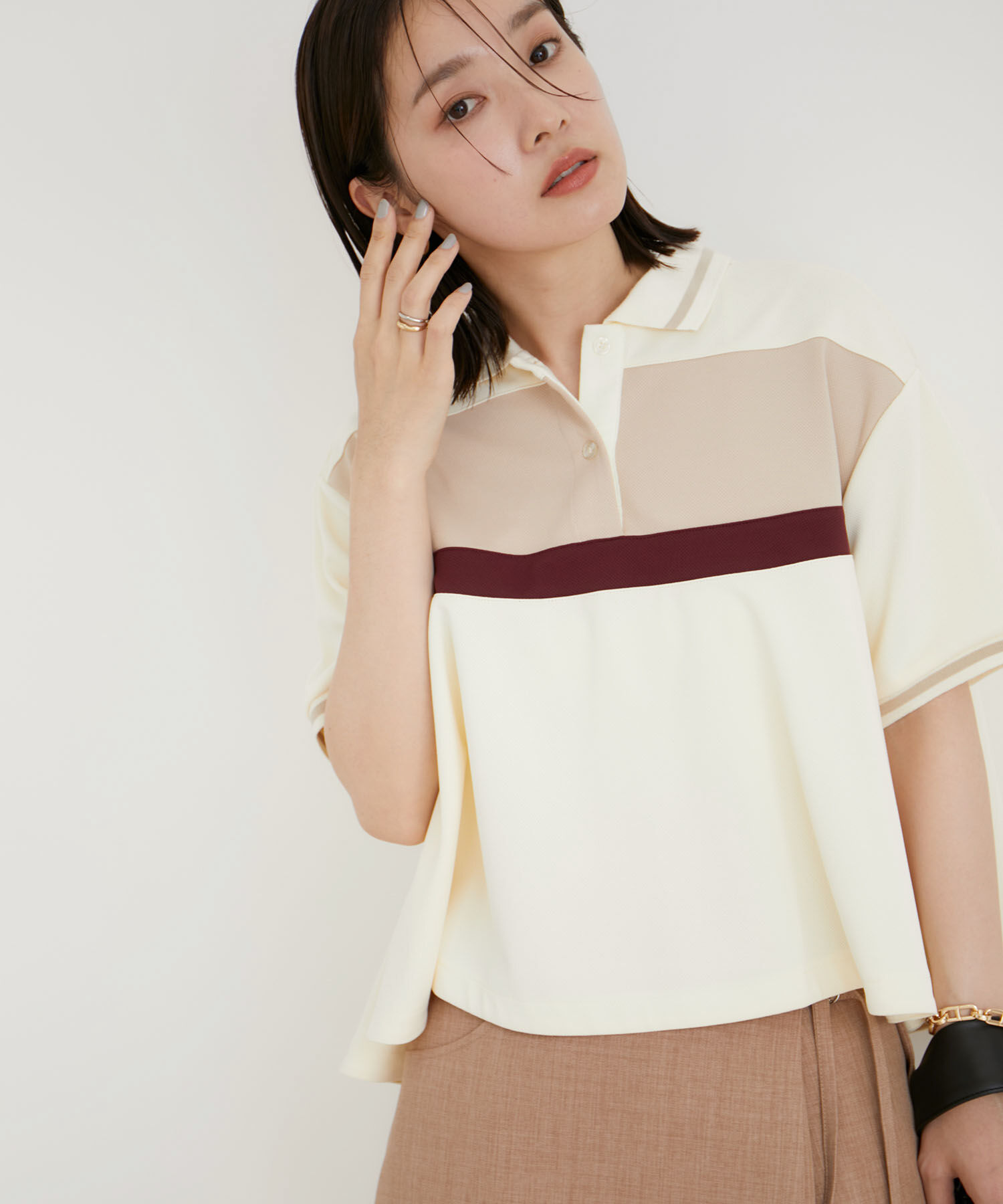 VIS「【洗える】裾フレアポロトップス」|ポロシャツ|ベージュ系(28)