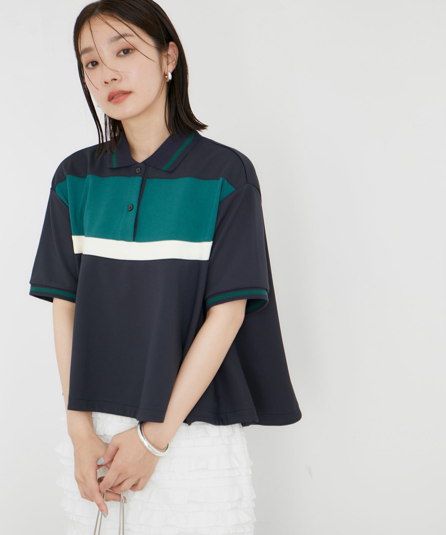 VIS「【洗える】裾フレアポロトップス」|ポロシャツ|
