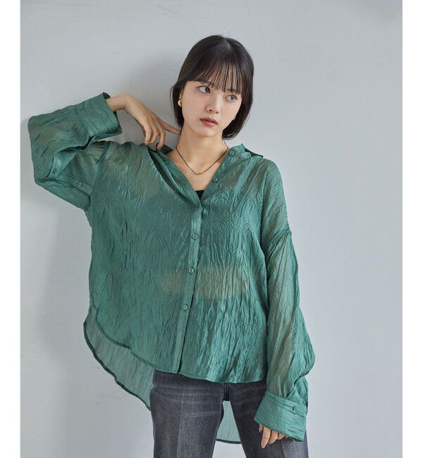 VIS「【洗える】【マルチWAY】シワ加工シアーシャツ」|シャツ・ブラウス|モスグリーン(32)