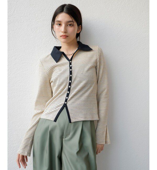VIS「【洗える】細ボーダーポロトップス」|ポロシャツ|オフサブ