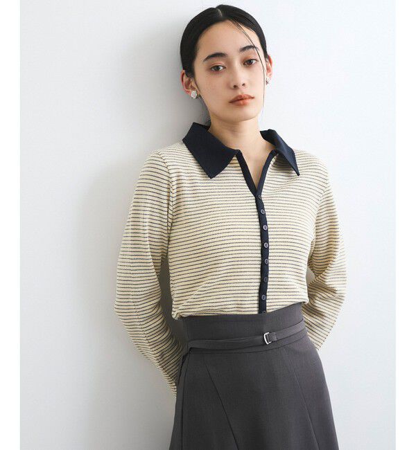 VIS「【洗える】細ボーダーポロトップス」|ポロシャツ|