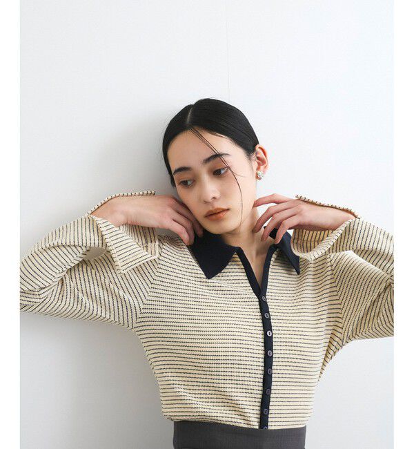 VIS「【洗える】細ボーダーポロトップス」|ポロシャツ|