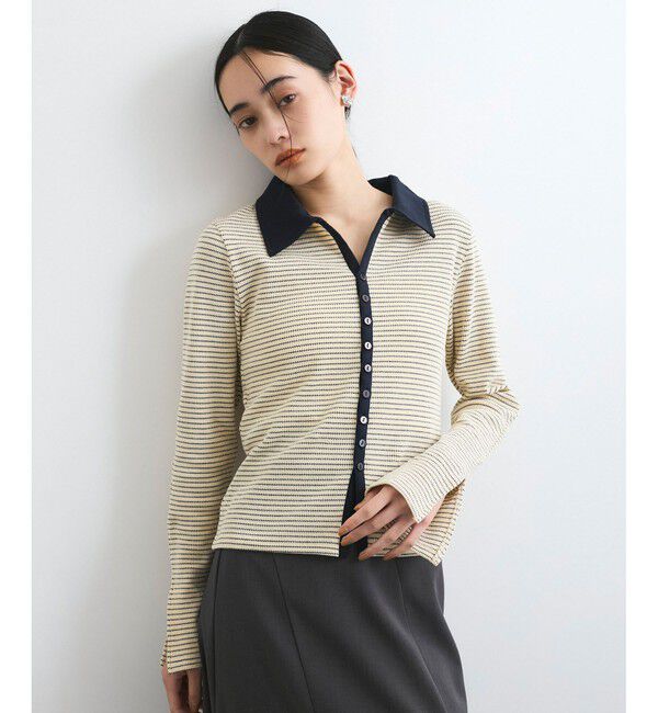 VIS「【洗える】細ボーダーポロトップス」|ポロシャツ|