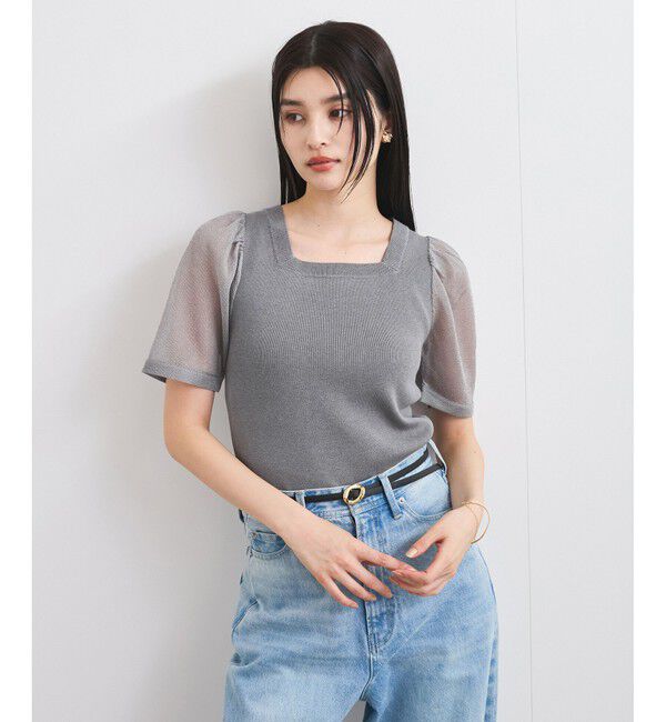 VIS「【洗える】スクエアネックシアーハーフスリーブニット」|ニット・セーター|チャコール(06)