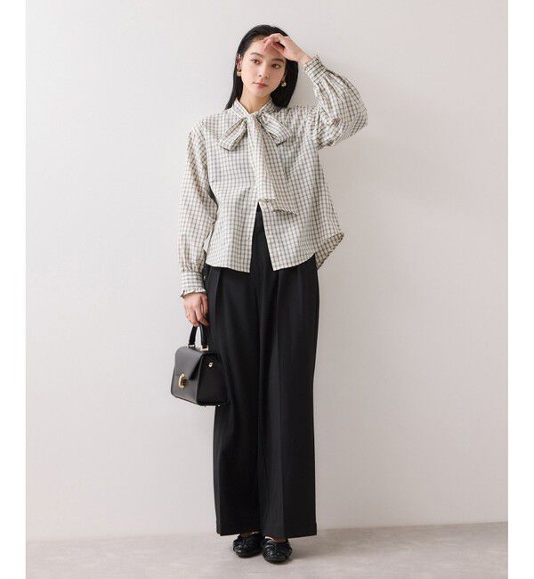 VIS「チェック＆デニムアソートボウタイリボン付きスタンドカラーシャツ」|シャツ・ブラウス|