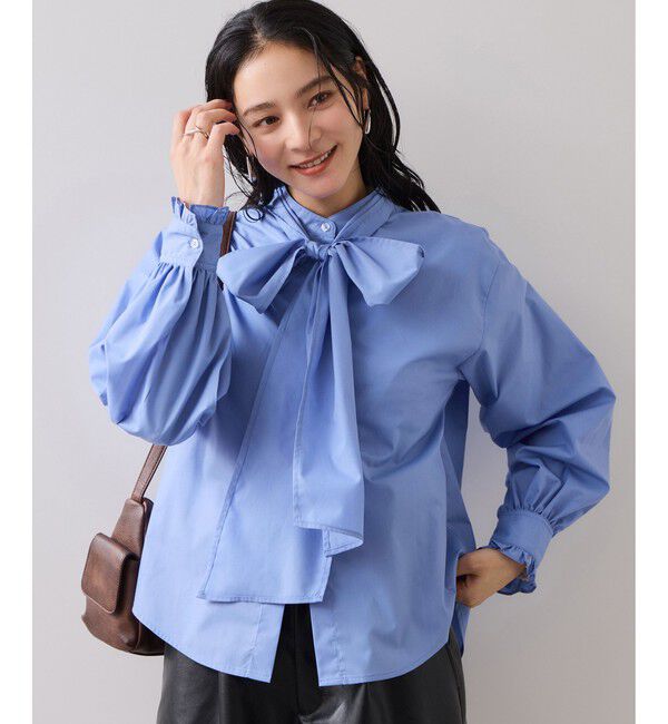 VIS「チェック＆デニムアソートボウタイリボン付きスタンドカラーシャツ」|シャツ・ブラウス|