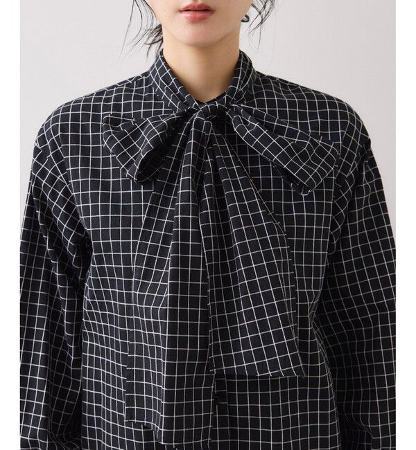 VIS「チェック＆デニムアソートボウタイリボン付きスタンドカラーシャツ」|シャツ・ブラウス|