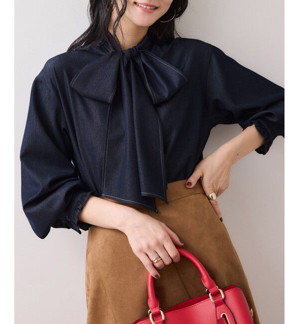 VIS「チェック＆デニムアソートボウタイリボン付きスタンドカラーシャツ」|シャツ・ブラウス|ネイビー系(41)