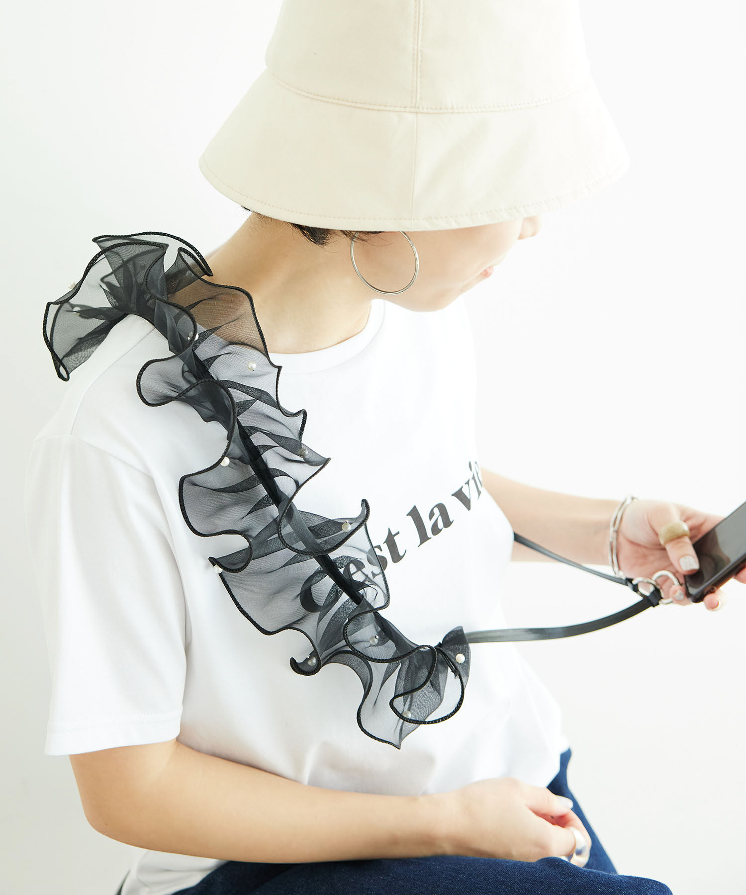 ROPE PICNIC PASSAGE「パールオーガンジーフリルショルダーストラップ」|その他|ブラック(01)