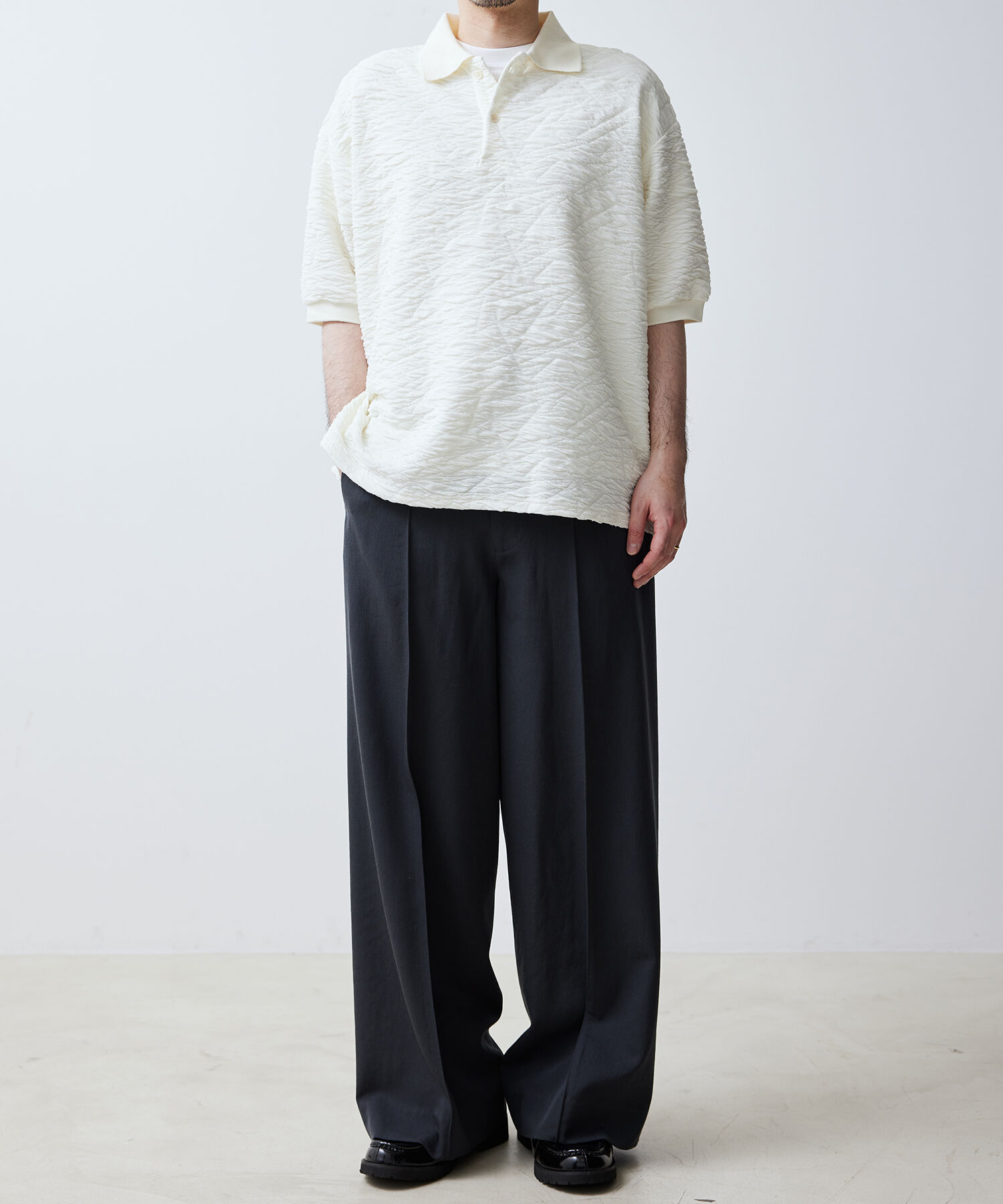 ADAM ET ROPE'「【WEB限定】ハーフスリーブ ジャガード ニットポロ / オーバーサイズ / ストレッチ / ユニセックス」|ポロシャツ|