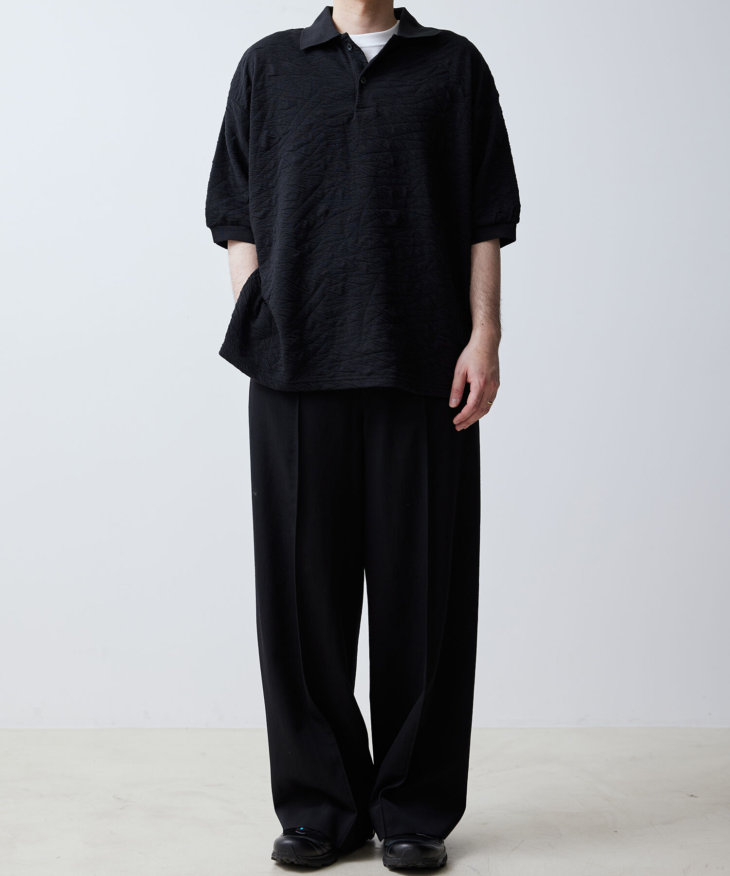 ADAM ET ROPE'「【WEB限定】ハーフスリーブ ジャガード ニットポロ / オーバーサイズ / ストレッチ / ユニセックス」|ポロシャツ|