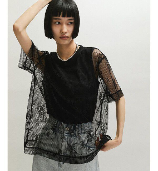 ADAM ET ROPE'「レースTEE」|Tシャツ・カットソー|ブラック(01)
