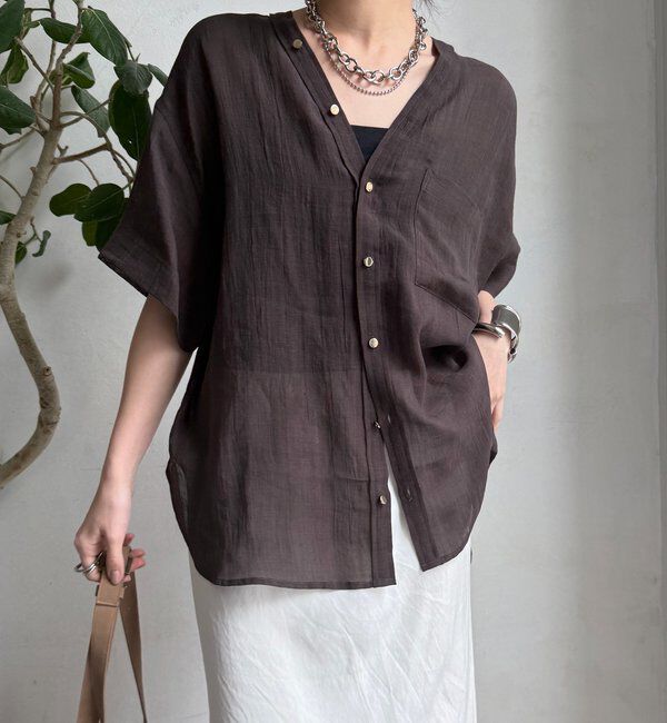  「リヨセルリネン半袖VVシャツ」|シャツ・ブラウス|ブラウン