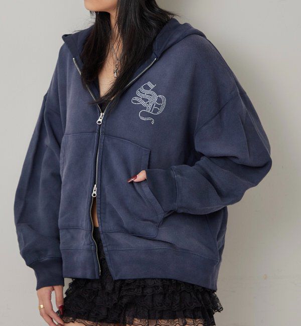  「【SLOPPY】RHINESTONE ZIP HOODIE」|パーカー|ネイビー