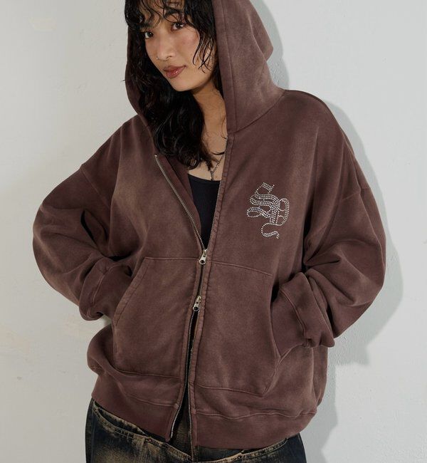  「【SLOPPY】RHINESTONE ZIP HOODIE」|パーカー|ブラウン