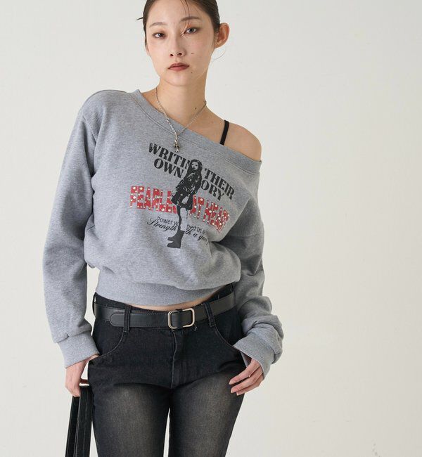  「ELIOT  RHINESTONE COMPACT OFF-SHOULDER 」|Tシャツ・カットソー|グレー