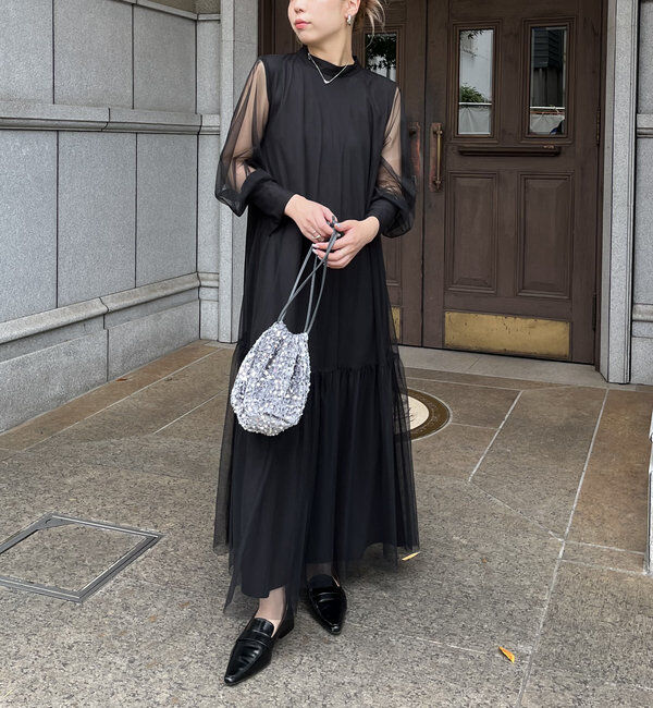  「【オケージョン】【サイズ展開あり】チュールハイネックワンピース」|ワンピース|ブラック