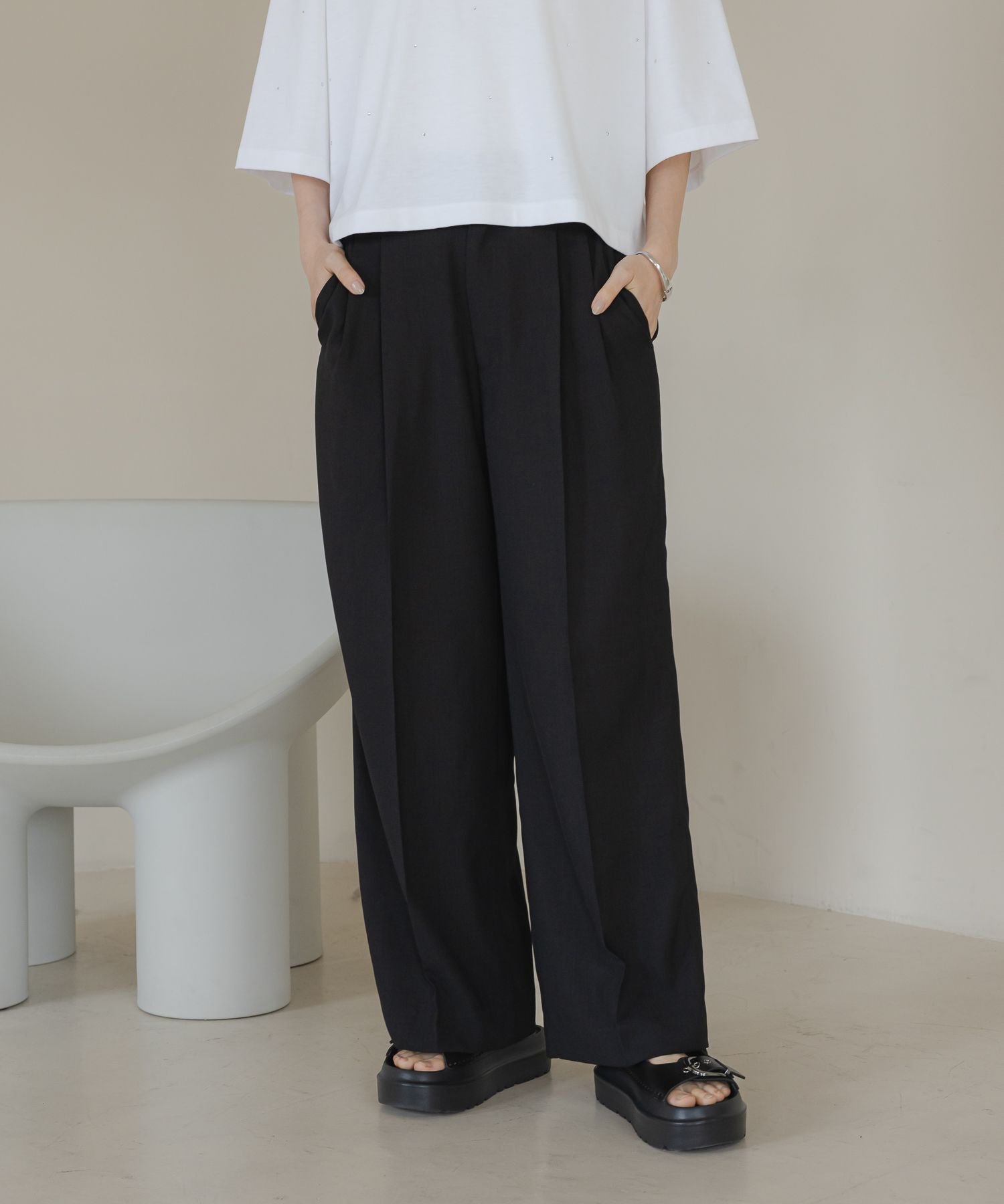 LOWRYS FARM「バスケットワイドパンツ」|チノ|BLK