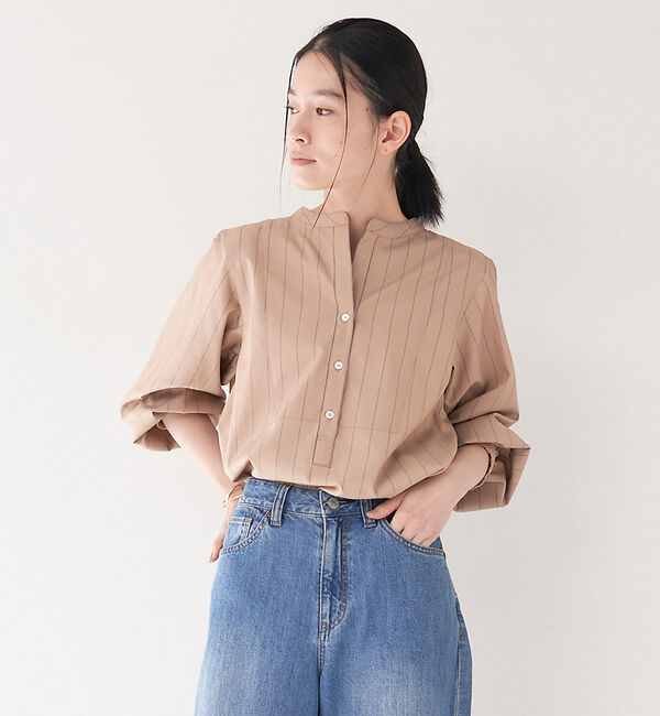 collex「＜手洗い可能＞ ストライプスタンドカラーシャツ」|シャツ・ブラウス|ベージュ