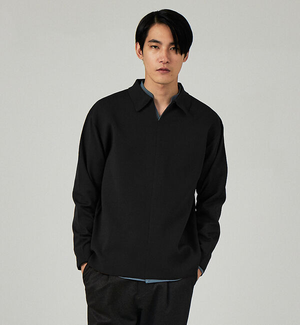 ABAHOUSE「【ナチュラルストレッチ】スキッパー ニットポロシャツ」|ポロシャツ|ブラック