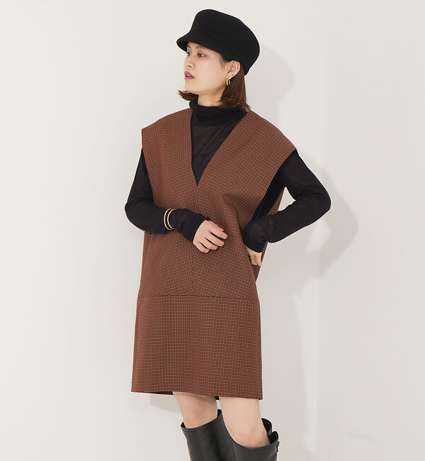 Rouge vif「チェックVネックワンピース」|ワンピース|ブラウン