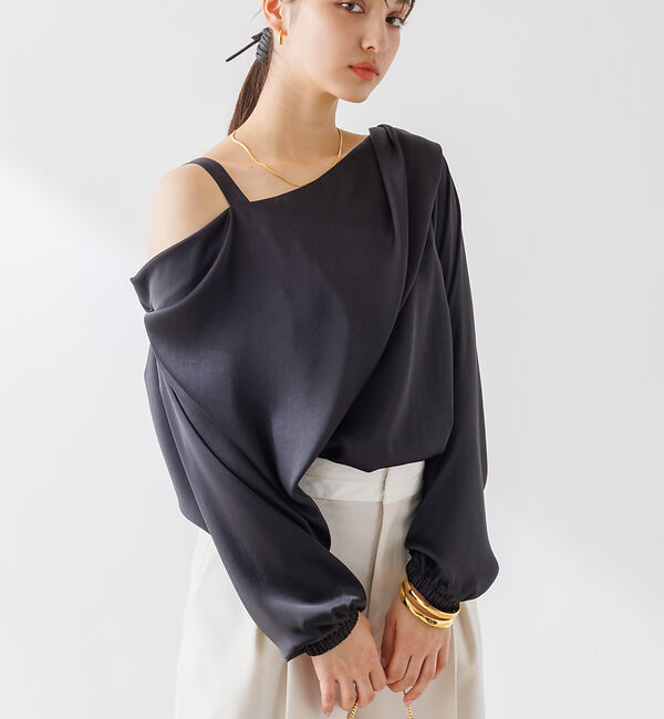 Rouge vif「とろみアシンメトリー2WAYオフショルブラウス」|シャツ・ブラウス|ブラック
