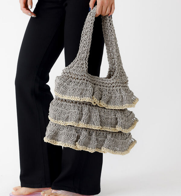 Rouge vif「バイカラー ペーパーフリル トートバッグ / 雑材バッグ」|トートバッグ|グレー