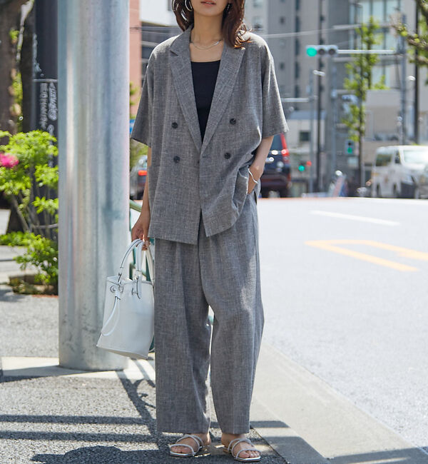 abahouse mavie「【WEB限定！2点セット】リネンライク半袖ジャケット&ストレートパンツセットアッ」|テーラードジャケット|ブラック
