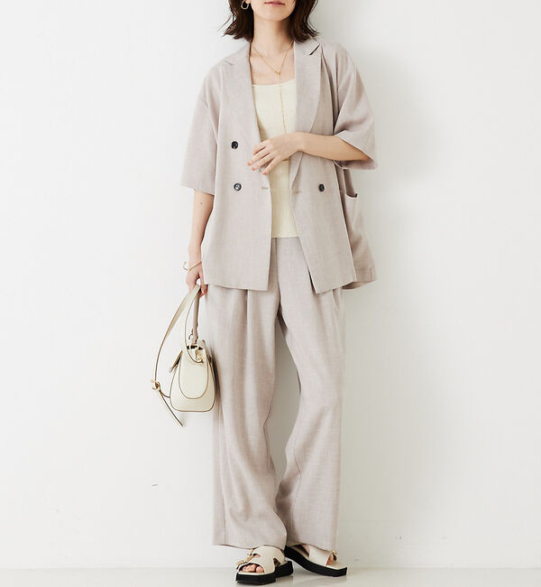 abahouse mavie「【WEB限定！2点セット】リネンライク半袖ジャケット&ストレートパンツセットアッ」|テーラードジャケット|グレージュ
